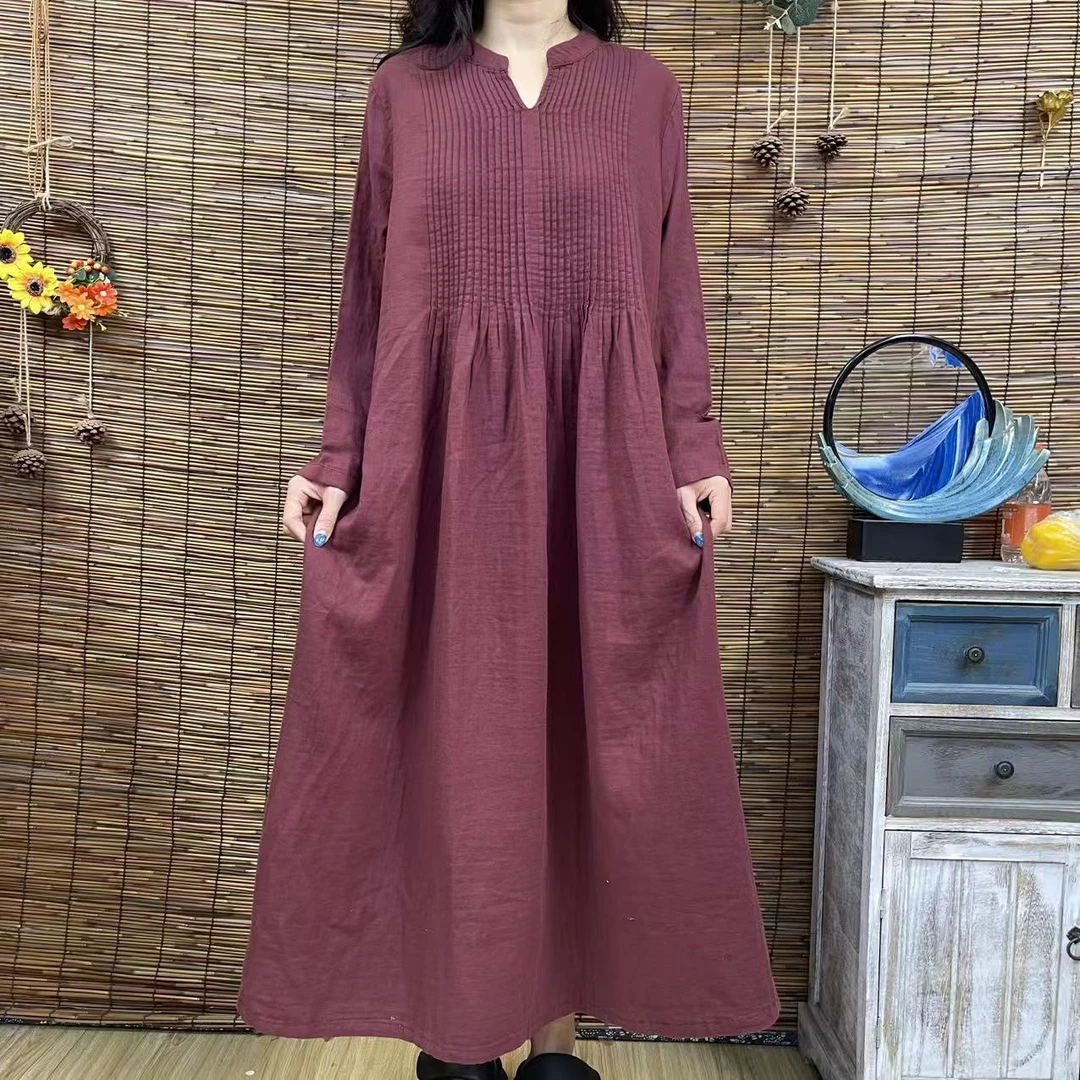 6272新款优雅显瘦小V领风琴褶皱豆沙红长袖大摆连衣裙时尚文艺