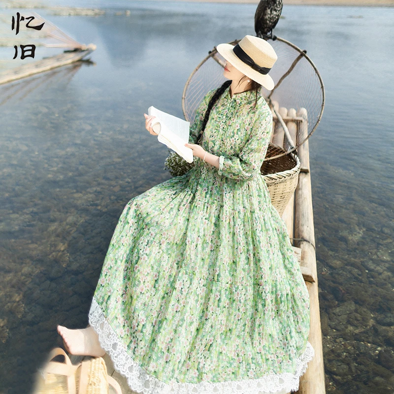 现货3194【碧叶层层】文艺碎花衬衫连衣裙女春轻薄苎麻印花浪漫裙子