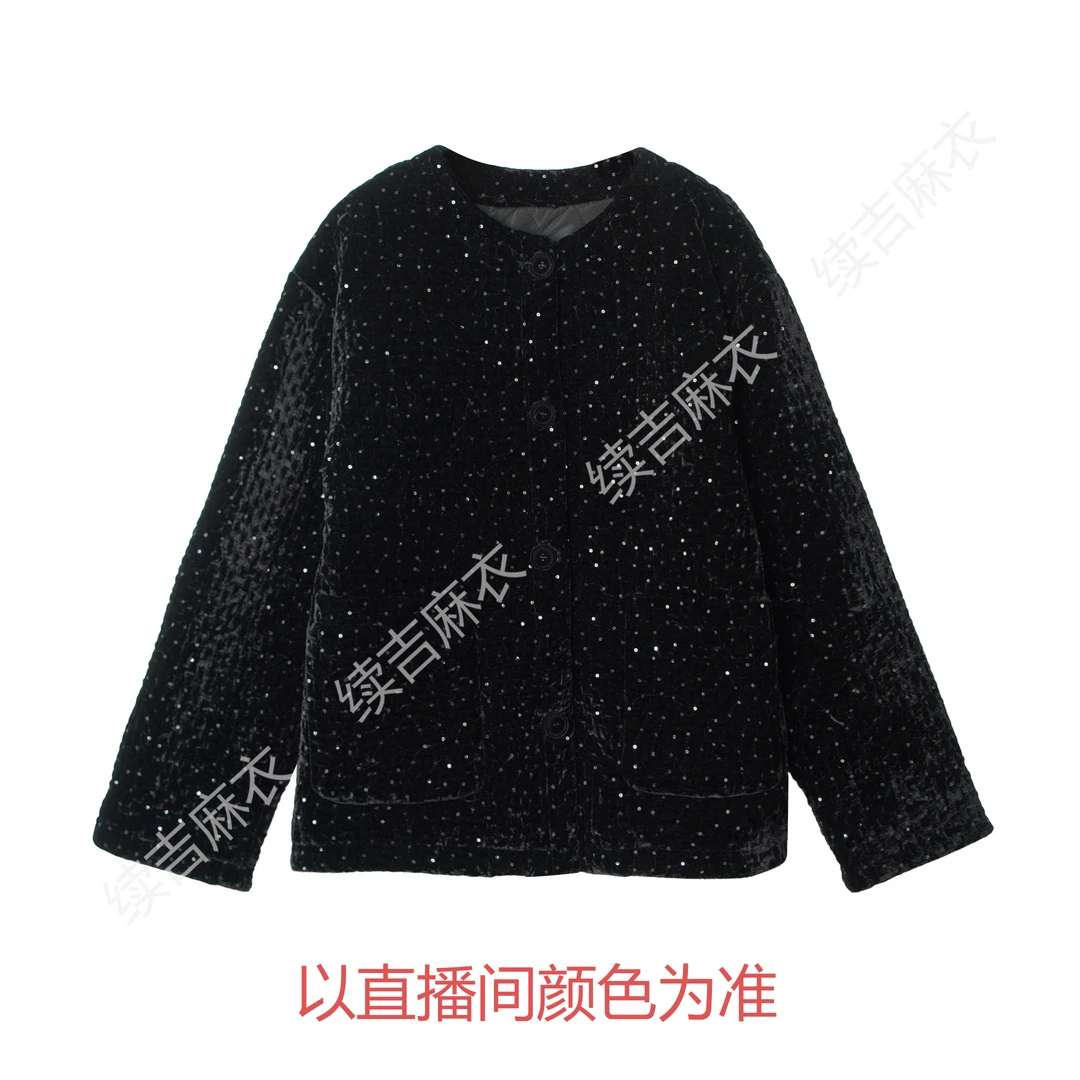 冬-续吉麻衣25-2548【亮晶晶】圆领单排扣长袖气质纯色优雅棉衣