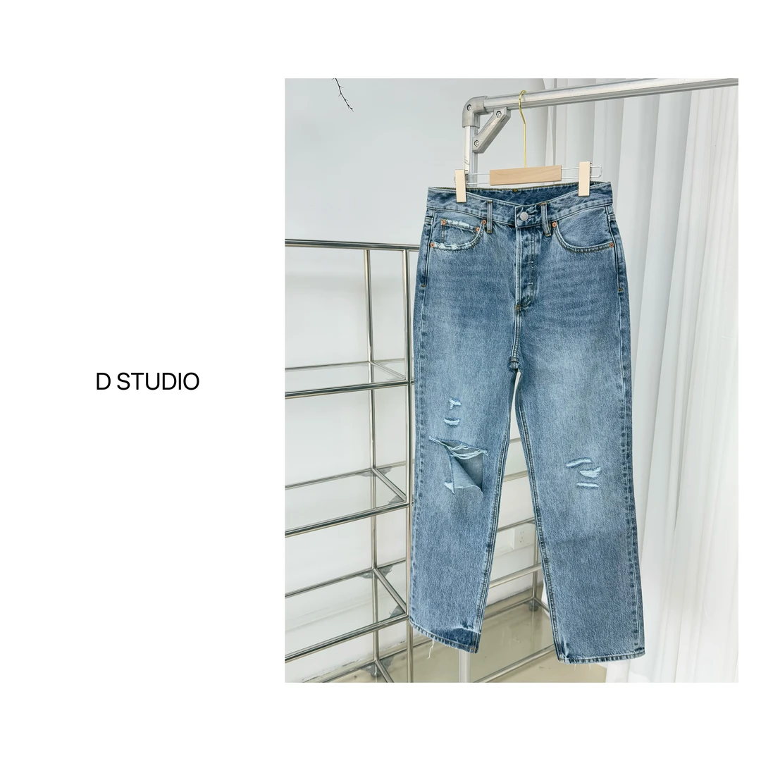 D STUDIO 直筒破洞牛仔裤 D2316
