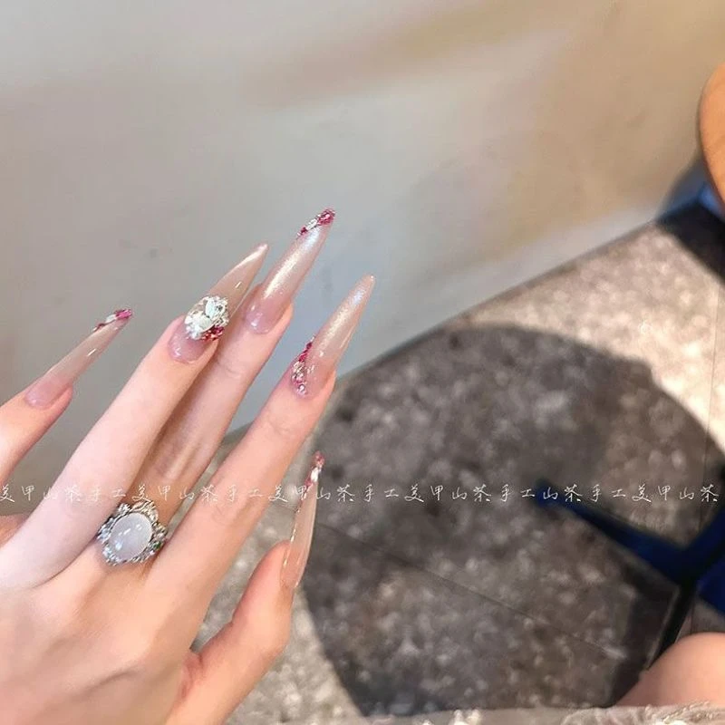 原创设计【温柔如心】山茶家纯手工定制穿戴甲高级猫眼美甲爆闪