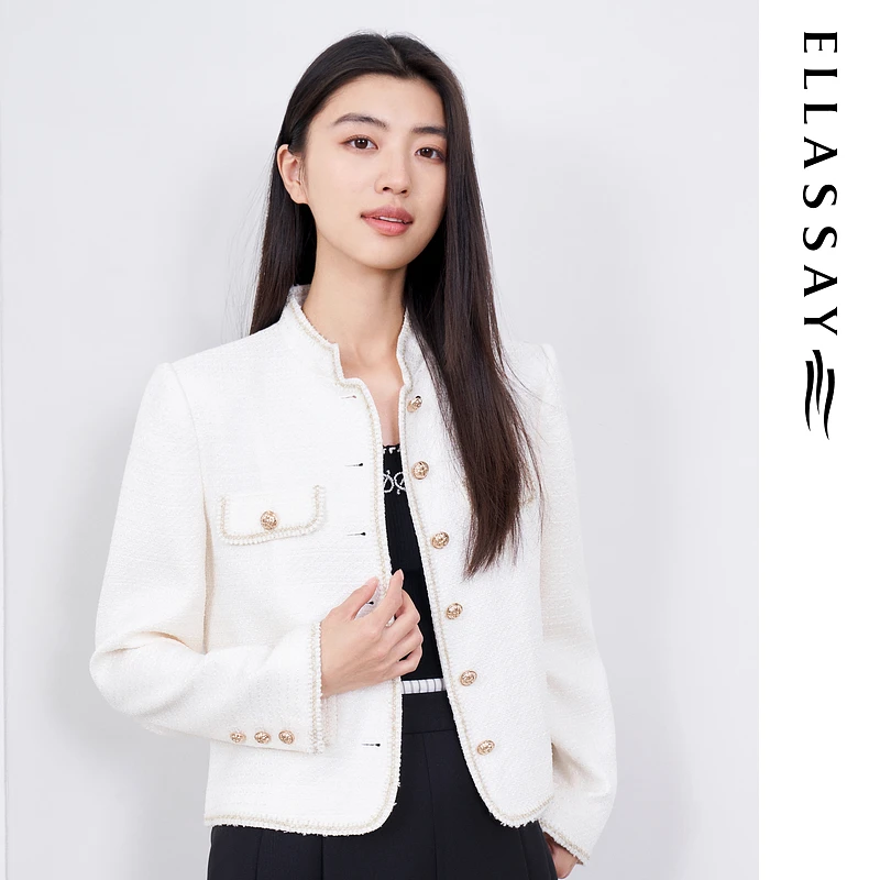 ELLASSAY歌力思2025早春三醋酯小香风立领花呢外套女EWB361W00300