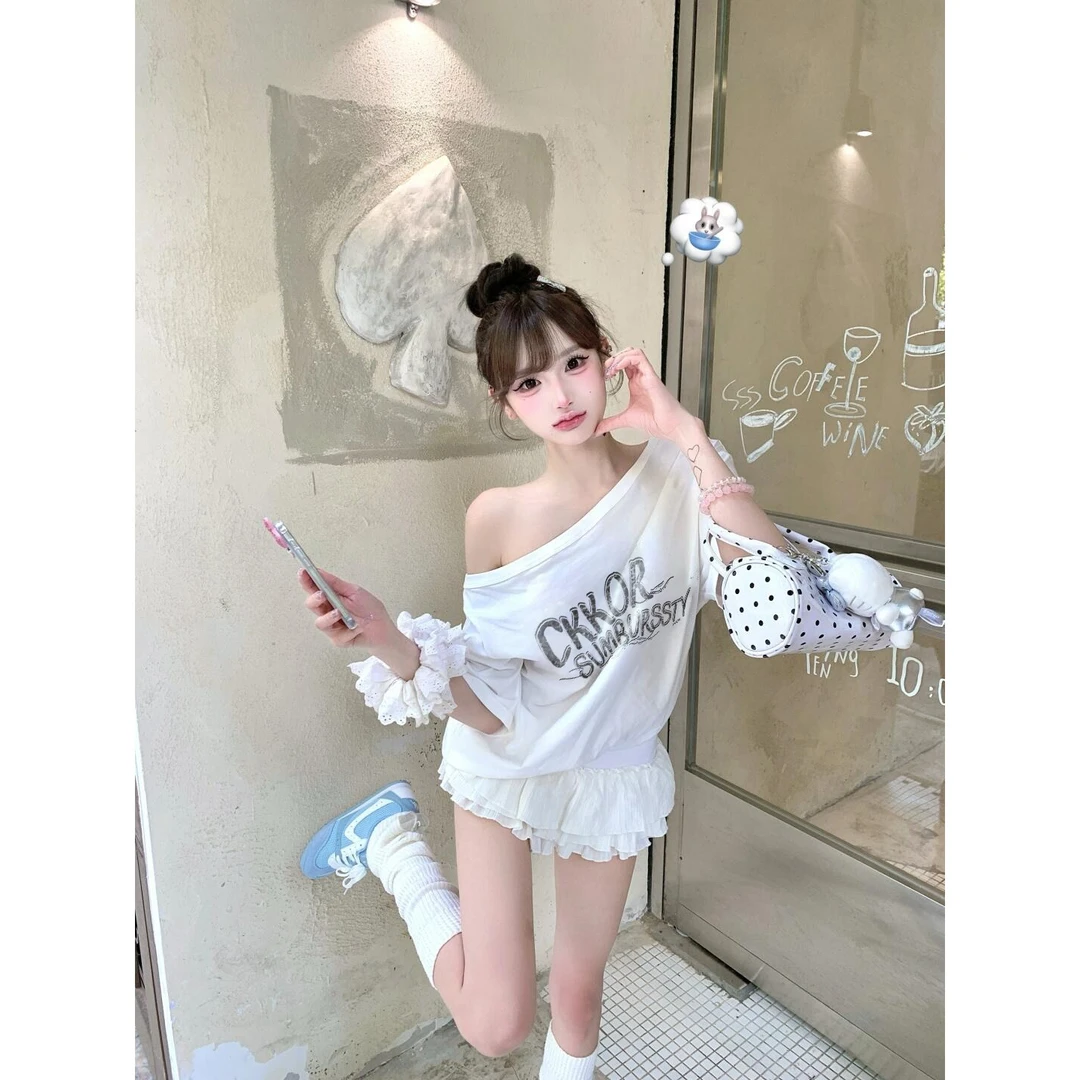 SUMBUR夏季新款美式斜肩短袖t恤女字母印花纯欲慵懒风女装上衣服