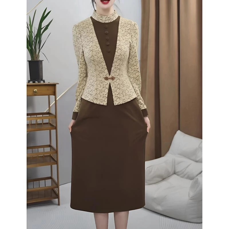 2025春季新款新中式妈妈装裙子洋气时尚减龄修身遮肉假两件连衣裙