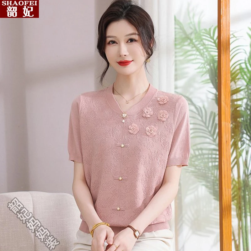 母亲节妈妈夏装冰丝短袖T恤立领洋气上衣中老年女时尚提花小衫