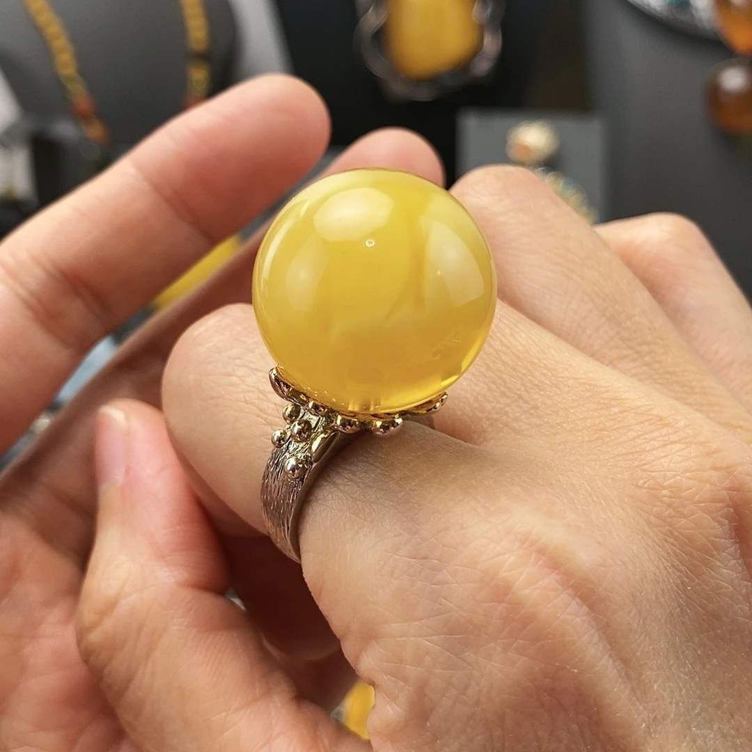 琥珀银S925镶嵌戒指