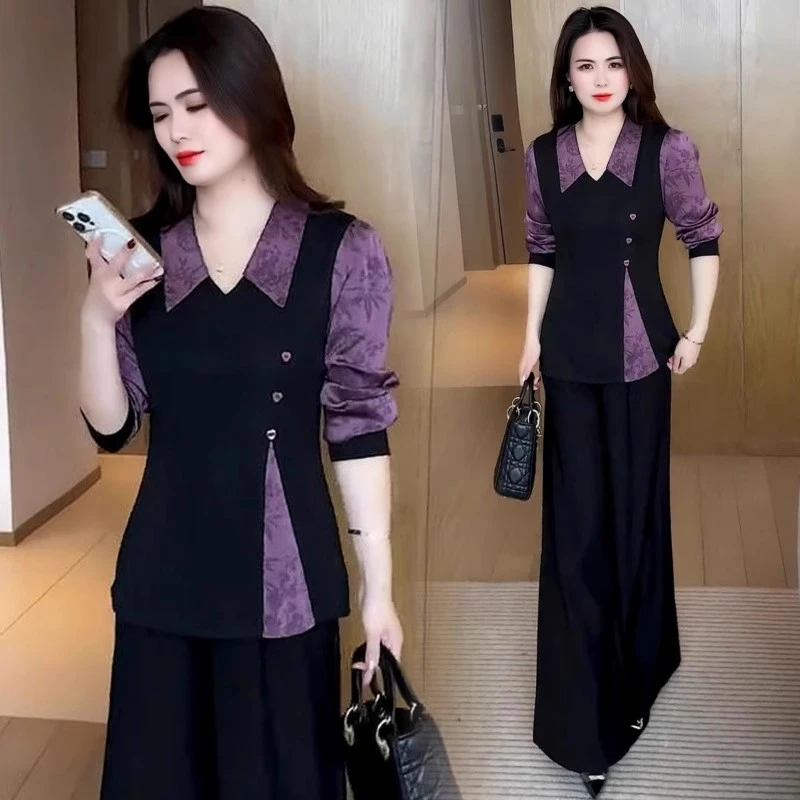 时尚长袖拼色衬衫女士春秋新款百搭洋气假两件衬衣宽松遮肚子上衣