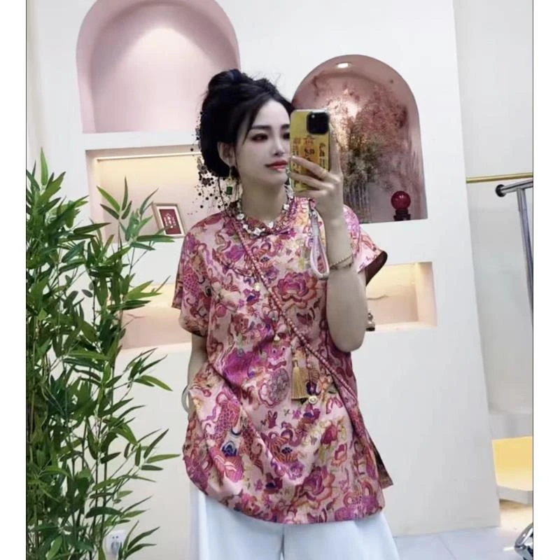 【好心情】2025夏季斜襟大码新中式宽松衬衫女国风上衣