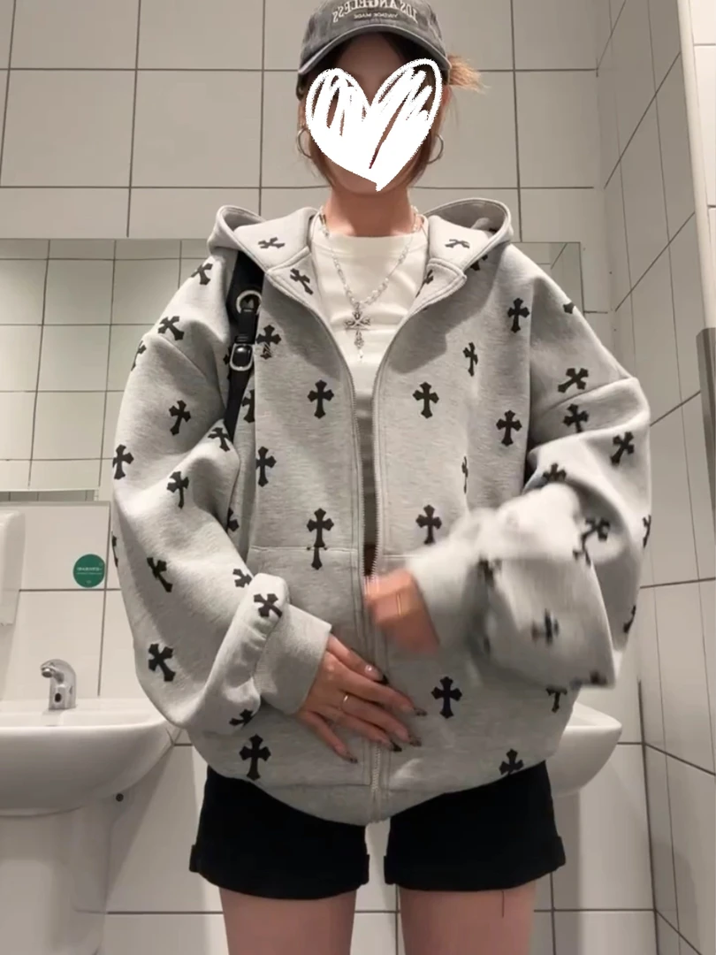 美式复古满印十字潮牌拉链卫衣女春秋新爆款oversize灰色连帽外套