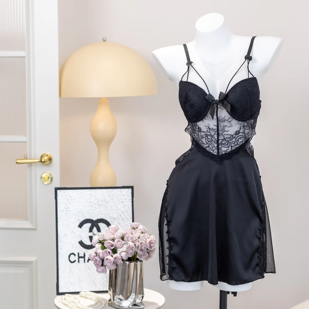 大码法式黑蕾丝缎面吊带性感蝴蝶结露背睡衣连衣裙夏季纯欲显瘦女
