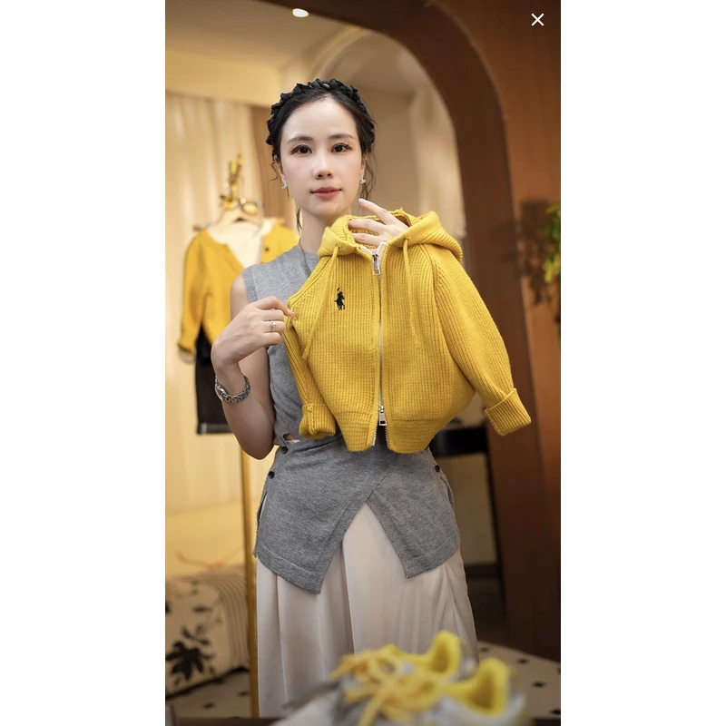 25年秋季新款时尚百搭休闲韩版男女童亲子黄色戴帽开衫针织毛衣