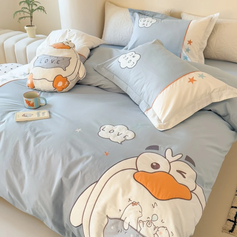 【送抱枕】卡通可爱企鹅刺绣暖宝宝全棉水洗棉四件套儿童房纯棉床品