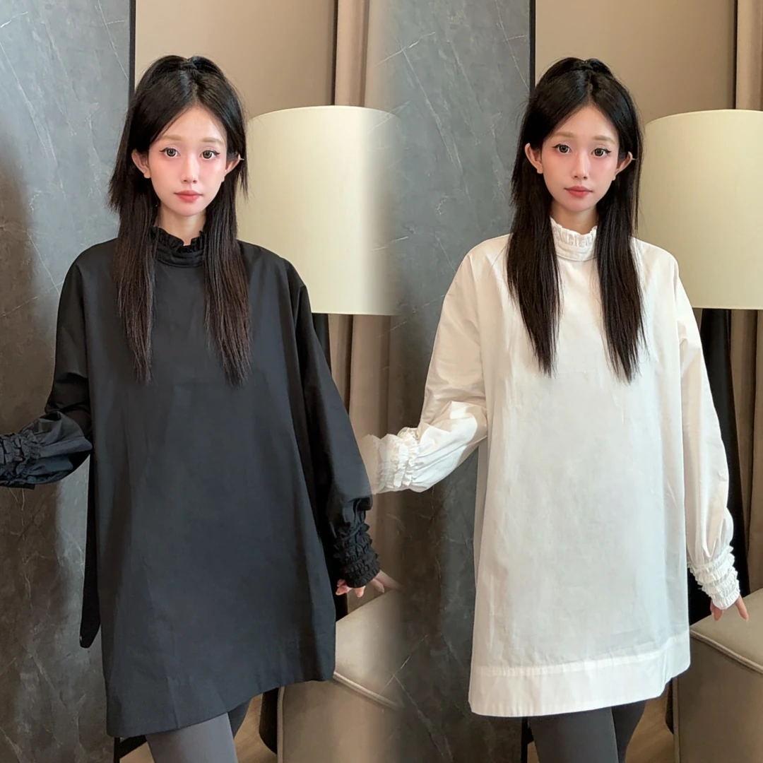 二姐的宝藏秋季时尚圆领木耳边显瘦百搭纯色长袖衬衣#25380