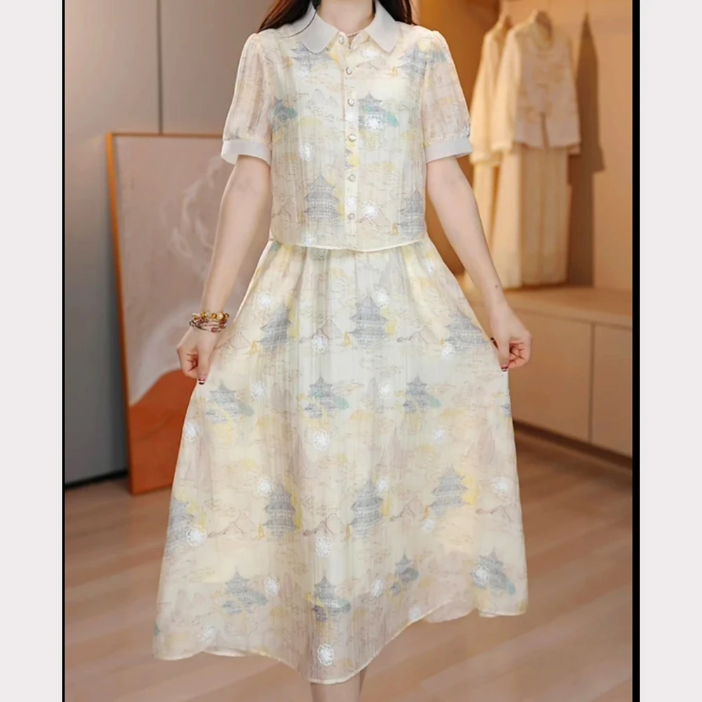 [深圳南油高定]法式夏季减龄韩系刺绣显瘦假两件中长连衣裙MU5035
