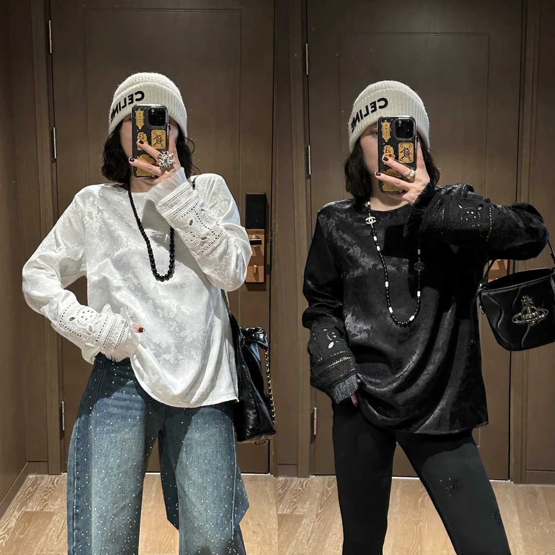 YDFSTUDIO小众【暗香浮动】早春新中式暗纹提花袖子拼接设计小衫女