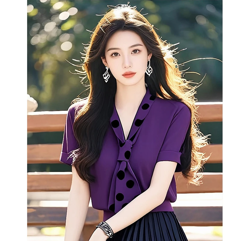 轻熟气质设计感紫色短袖T恤2025年女装春夏新款高级感系带上衣