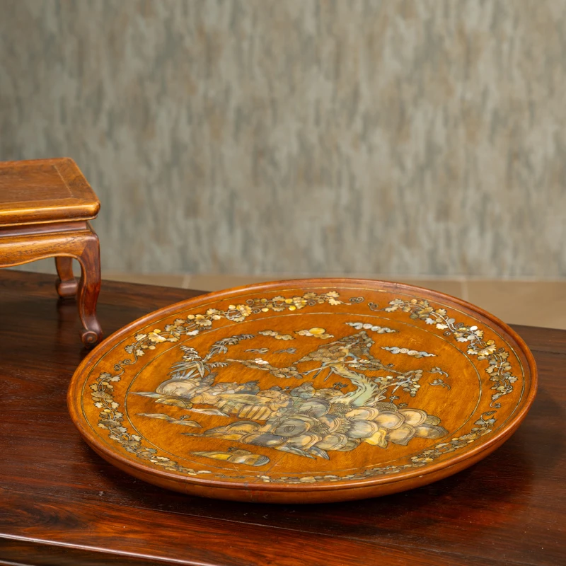 清代 红木嵌螺钿花卉人物圆形呈盘老物件古董收藏中式文房盘摆件
