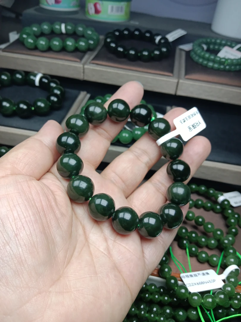 和田玉碧玉菠菜绿14mm手串