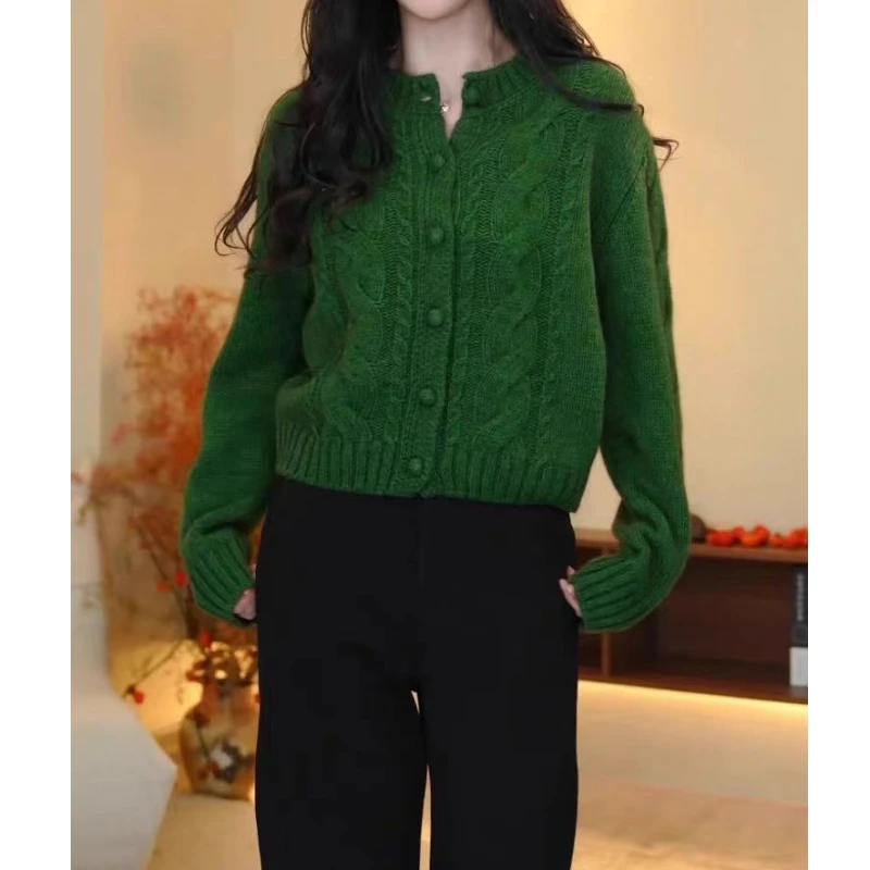 韩系秋冬加厚麻花新年新款针织宽松慵懒大版针织开衫女