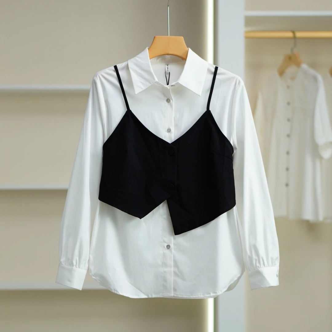 【诗M】S429-1 女装春吊带假两件衬衫白色2101200