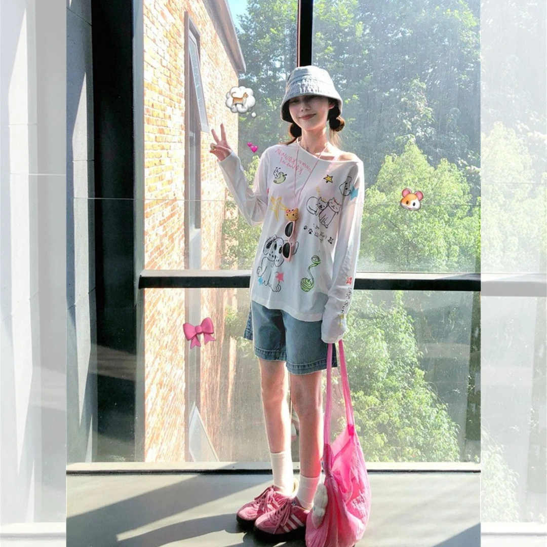 洋气减龄趣味涂鸦印花斜肩长袖T恤女夏季宽松微透防晒罩衫上衣潮