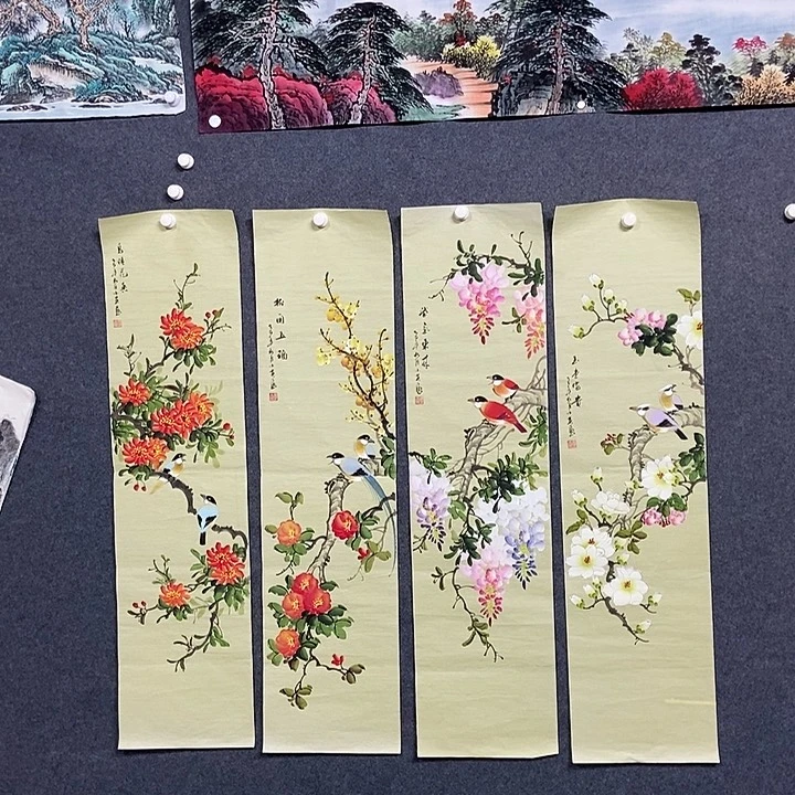 国画四条屏花鸟一套