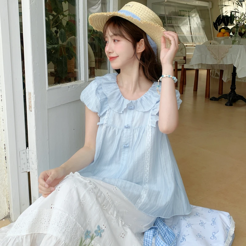 森女部落甜美风纯色娃娃领短袖蕾丝拼接宽松小个子衬衫女2025夏季