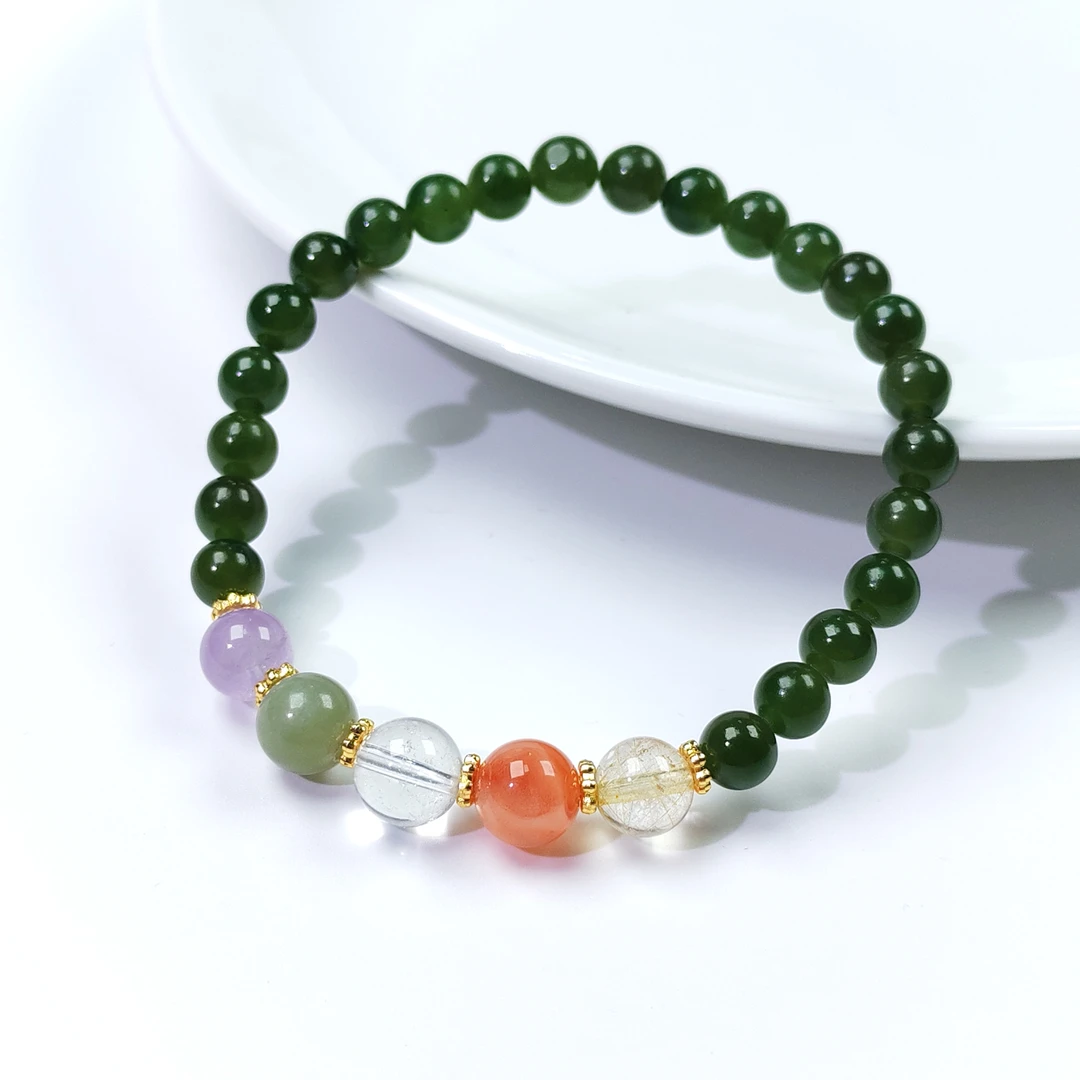 【华之京】和田碧玉多宝手串6mm圆珠水晶多宝H3281