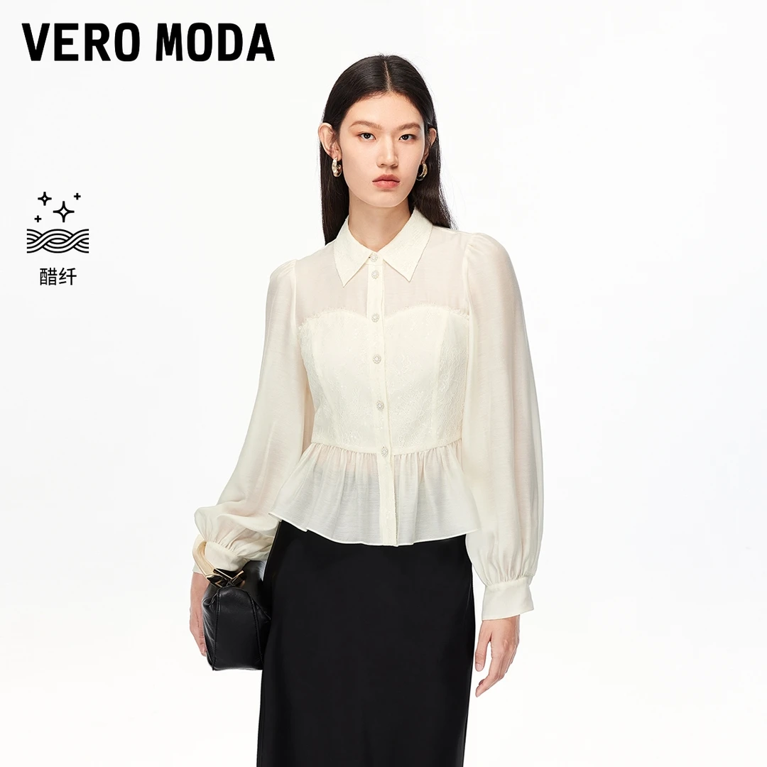 Vero Moda衬衫25含醋纤微闪蕾丝拼接荷叶边上衣甜美可爱风格衣服