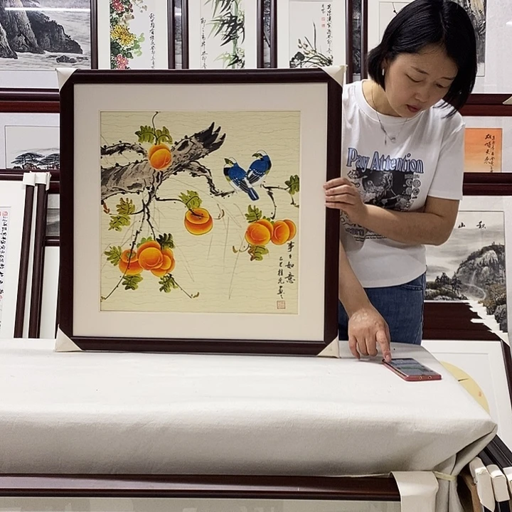 国画手绘带框发货65×65