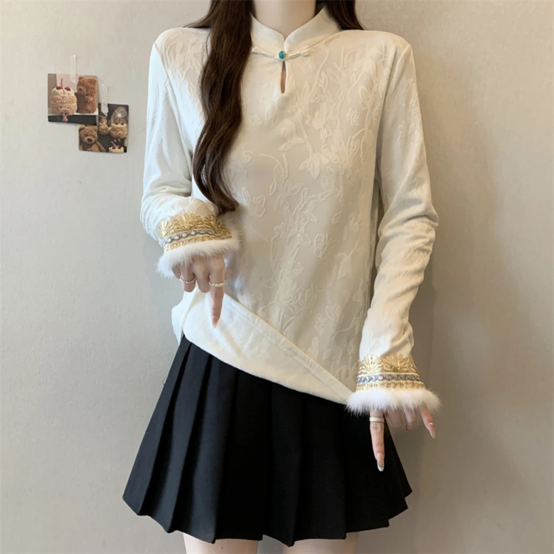 大码新中式加绒水貂毛长袖打底衫女秋冬胖mm加厚气质显瘦t恤上衣