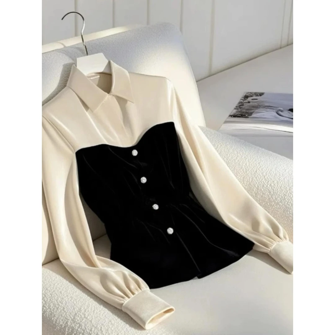 今年流行欧货独特别致打衬衫女款2025早秋撞色丝绒衬衫上衣高级感