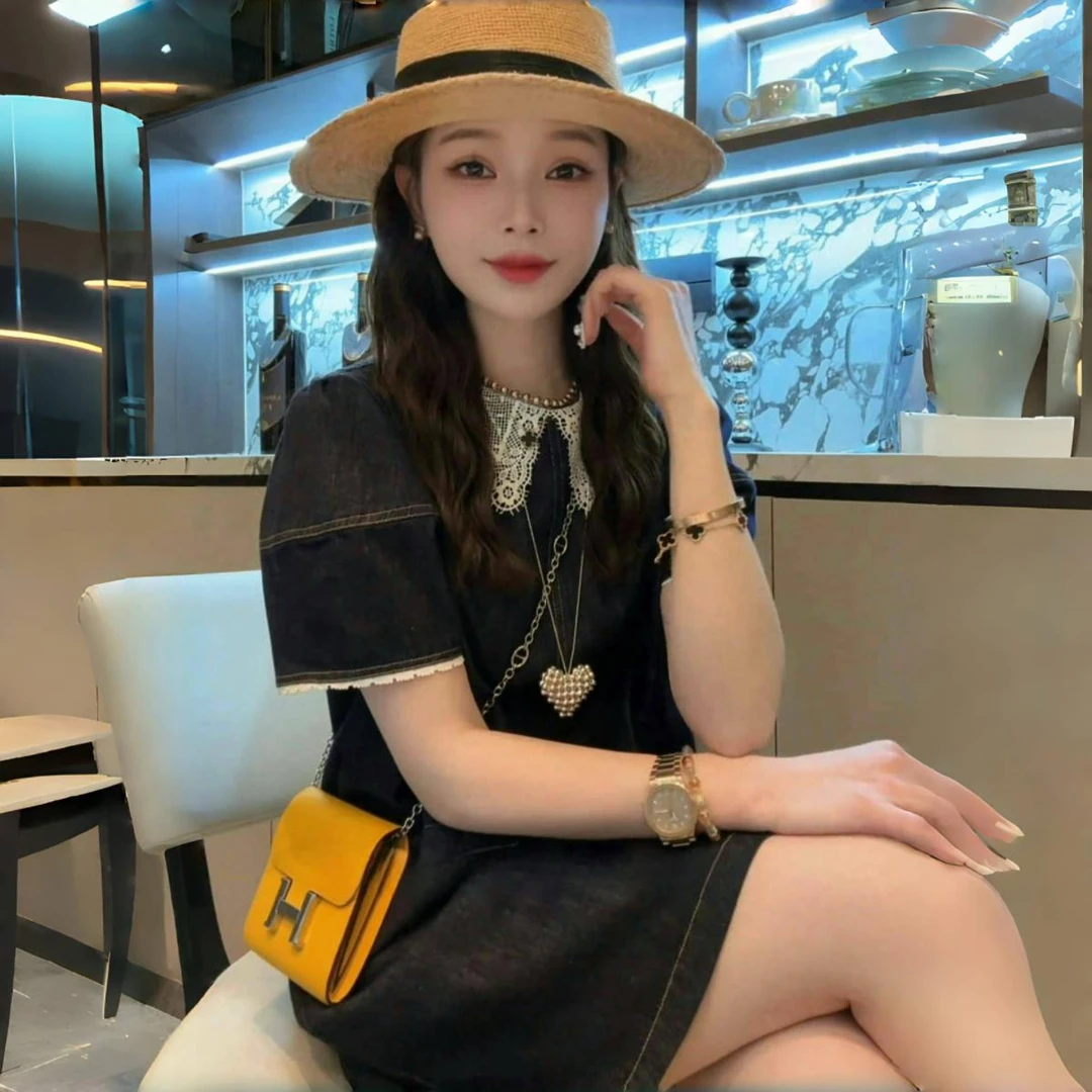 【轻奢老钱】法式小香蕾丝花边牛仔连衣裙小个子时尚休闲薄款a字裙