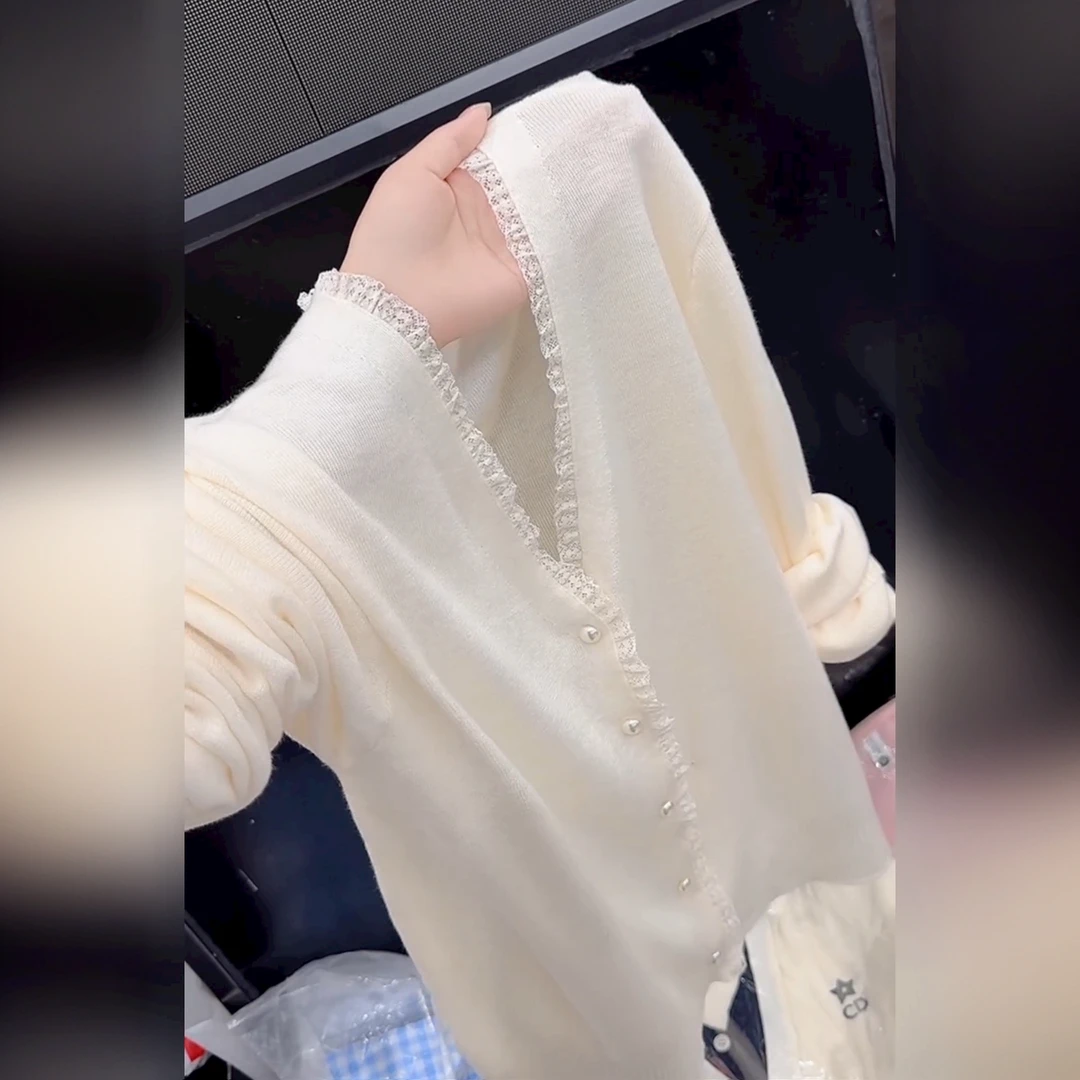韩系米白色蕾丝花边针织开衫女2025早秋新款小众设计宽松软糯上衣