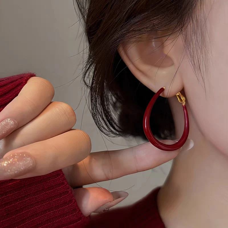 铜合金耳饰 复古红色滴釉大圆圈耳环女轻奢高级感气质百搭耳饰潮