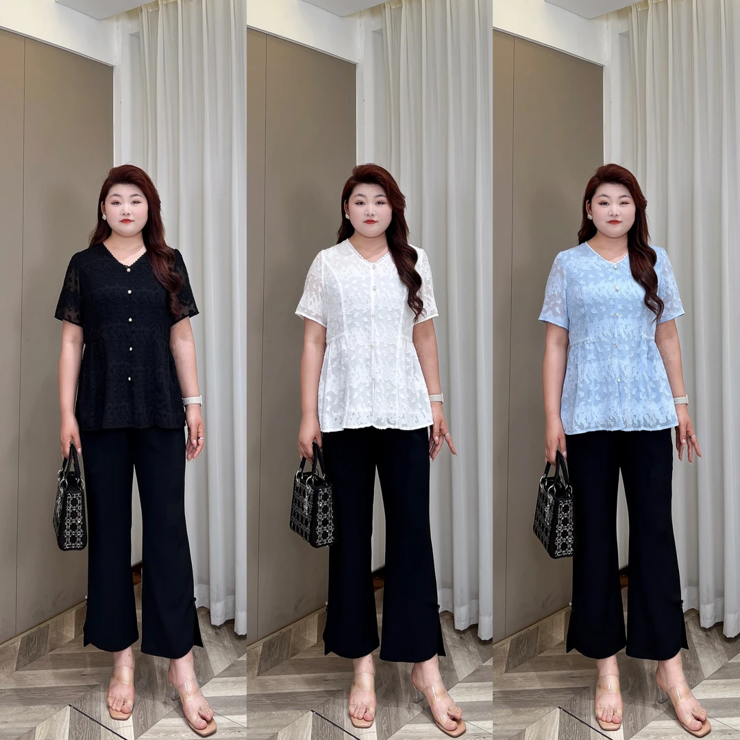 上新上衣【悦林大码】PMM81926夏季高贵洋气V领显瘦大码女装衬衫T恤