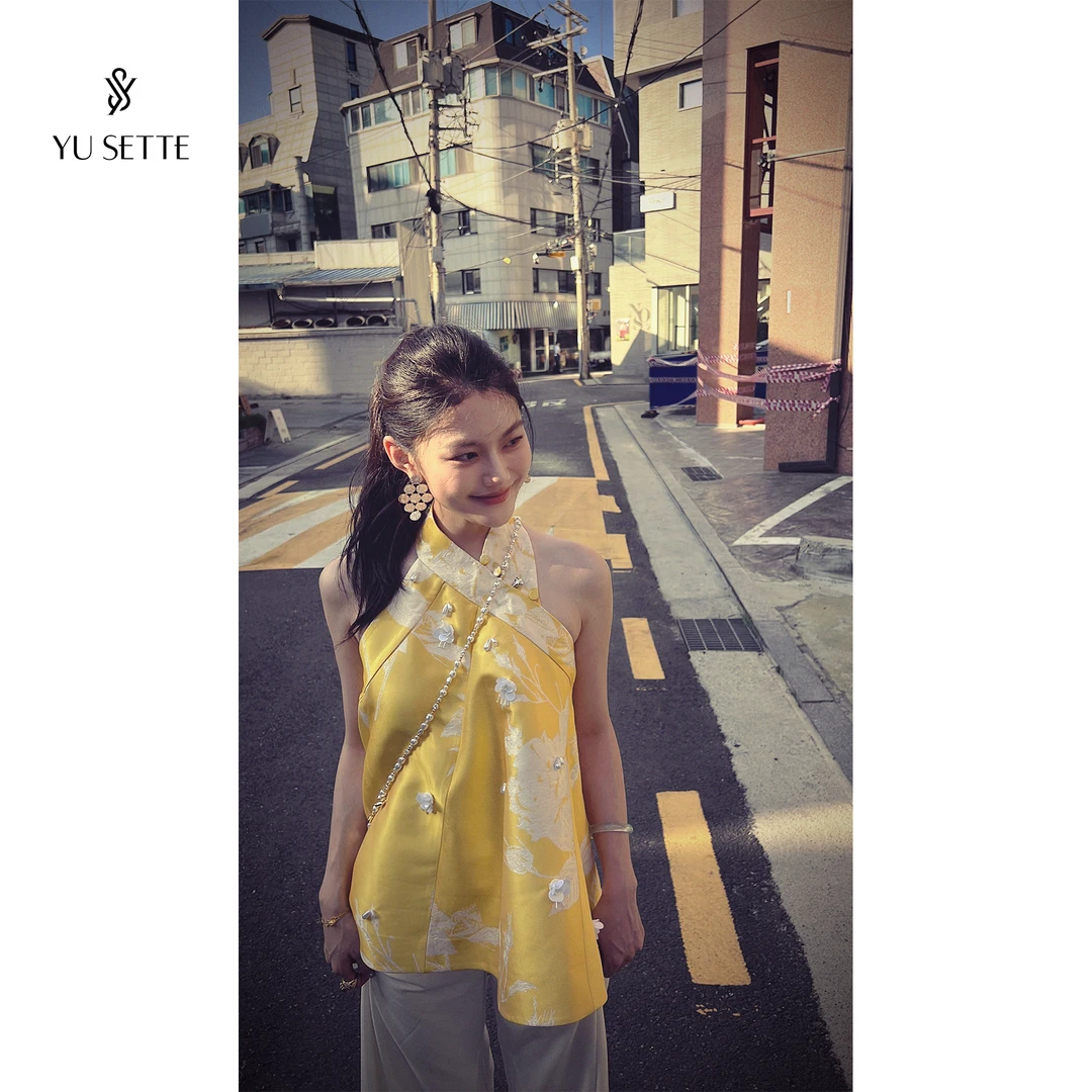 遇儿推荐【定制提花手工小黄~挂脖上衣】气质时尚上衣20250096