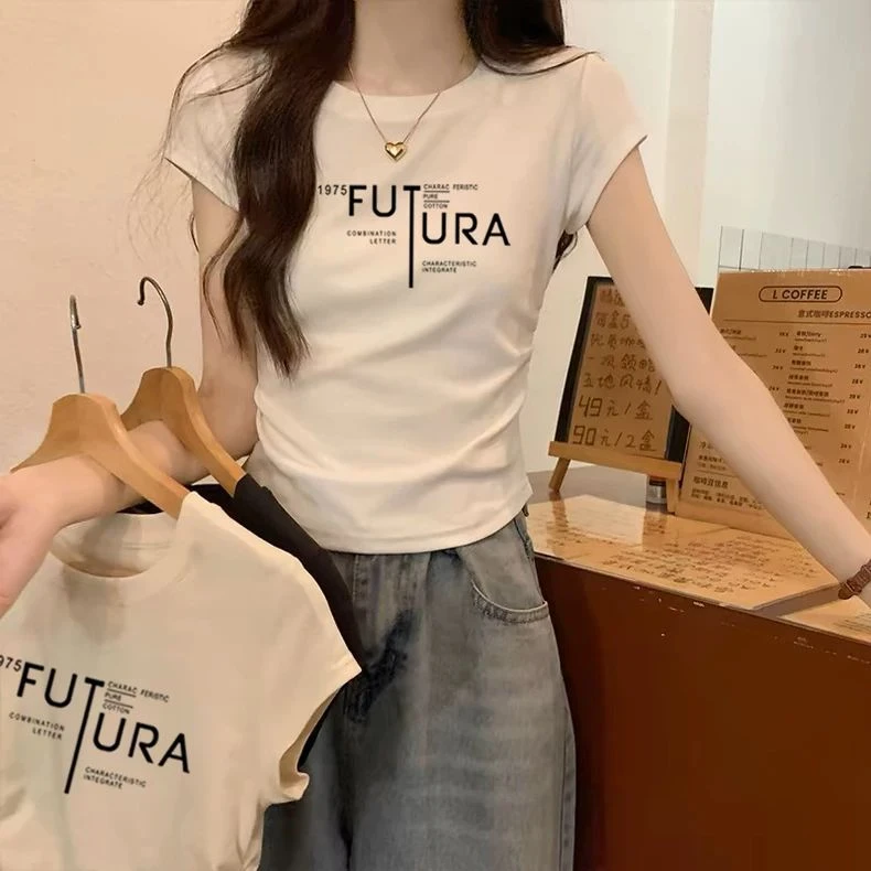 不规则短款短袖t恤女夏季2025新款设计感修身小个子正肩体恤上衣