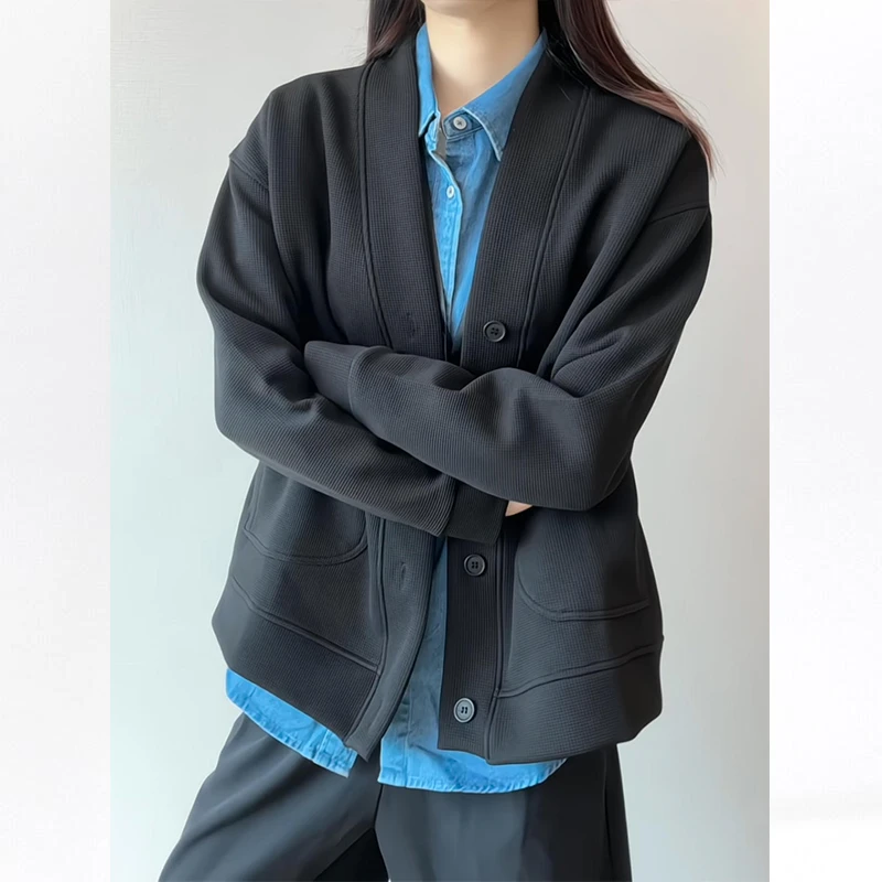 日系复古慵懒风外套男女秋季cleanfit开衫v领卫衣高级感痞帅夹克