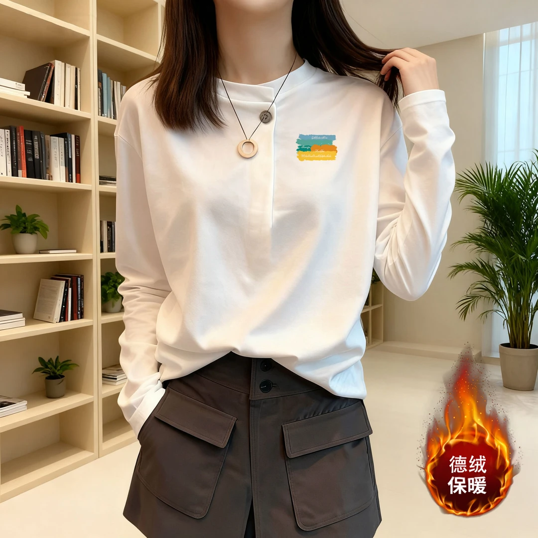 秋冬季爆款宽松正肩休闲纽扣上衣女加绒白色设计感小众长袖T恤女
