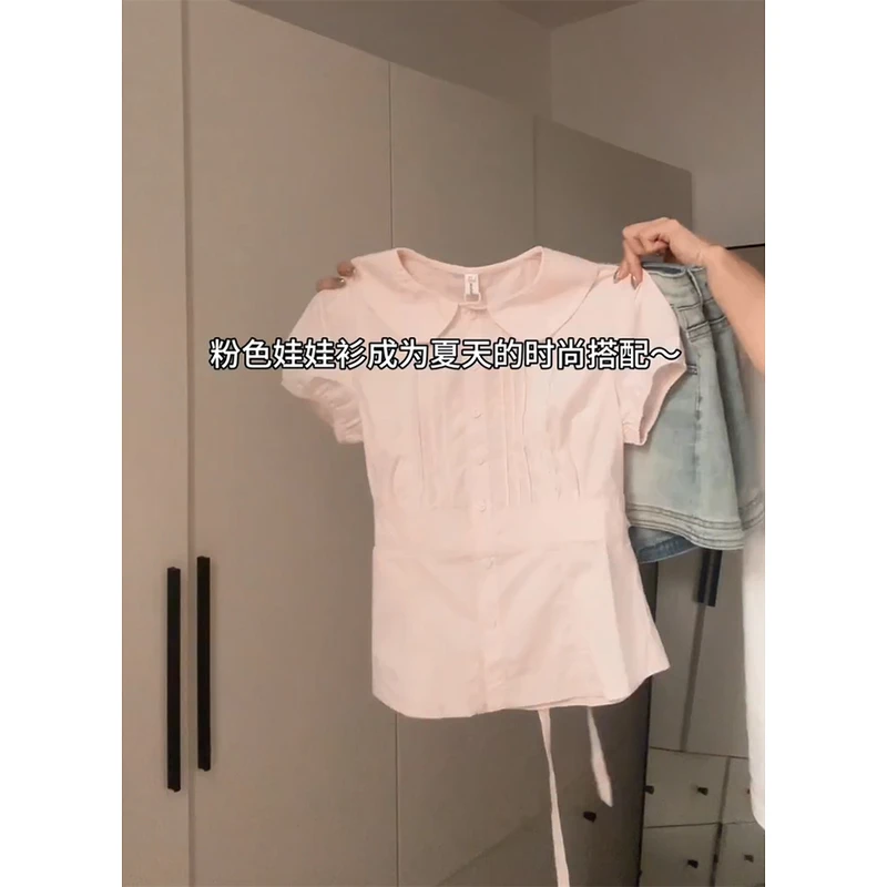 粉色蕾丝花边拼接娃娃领收腰短袖衬衫女夏季做旧牛仔短裤两件套