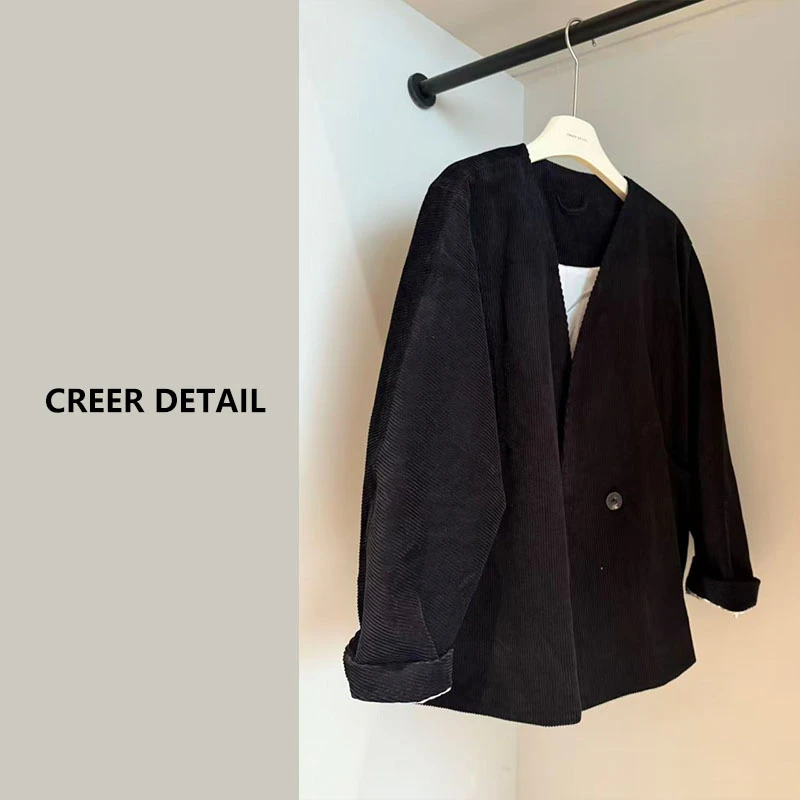 极简风灯芯绒V领外套休闲复古宽松西服黑色秋冬