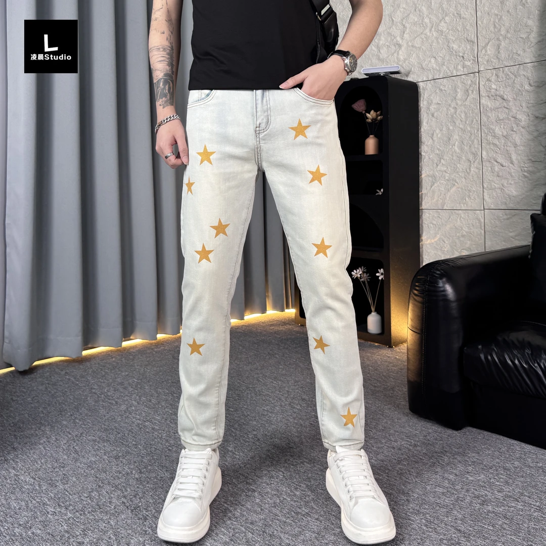 夏季薄款牛仔裤男修身百搭潮流小脚裤时尚韩版个性九分牛仔裤男款