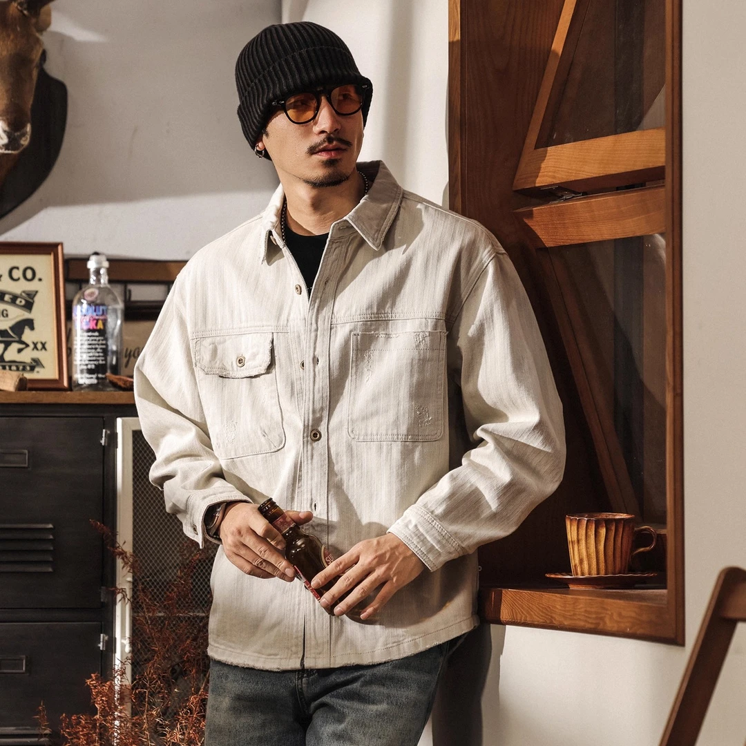 美式复古破坏风人字纹时尚牛仔衬衫男秋冬新款宽松工装夹克外套男