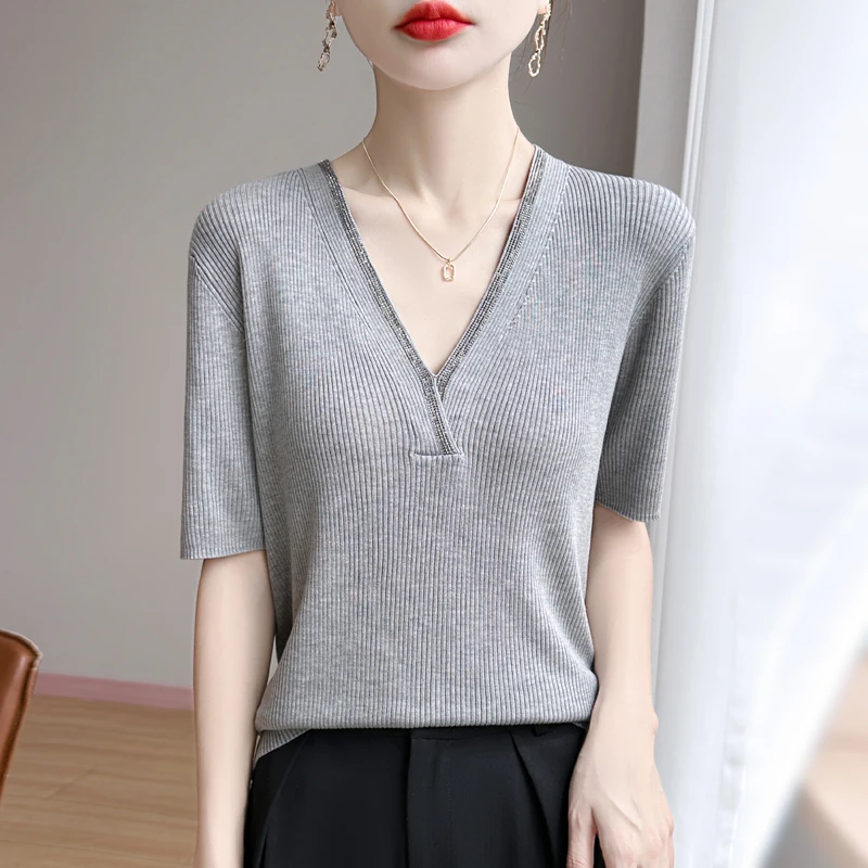哥弟阿玛施正品夏季时尚薄款针织T恤洋气V领烫钻气质百搭短袖上衣