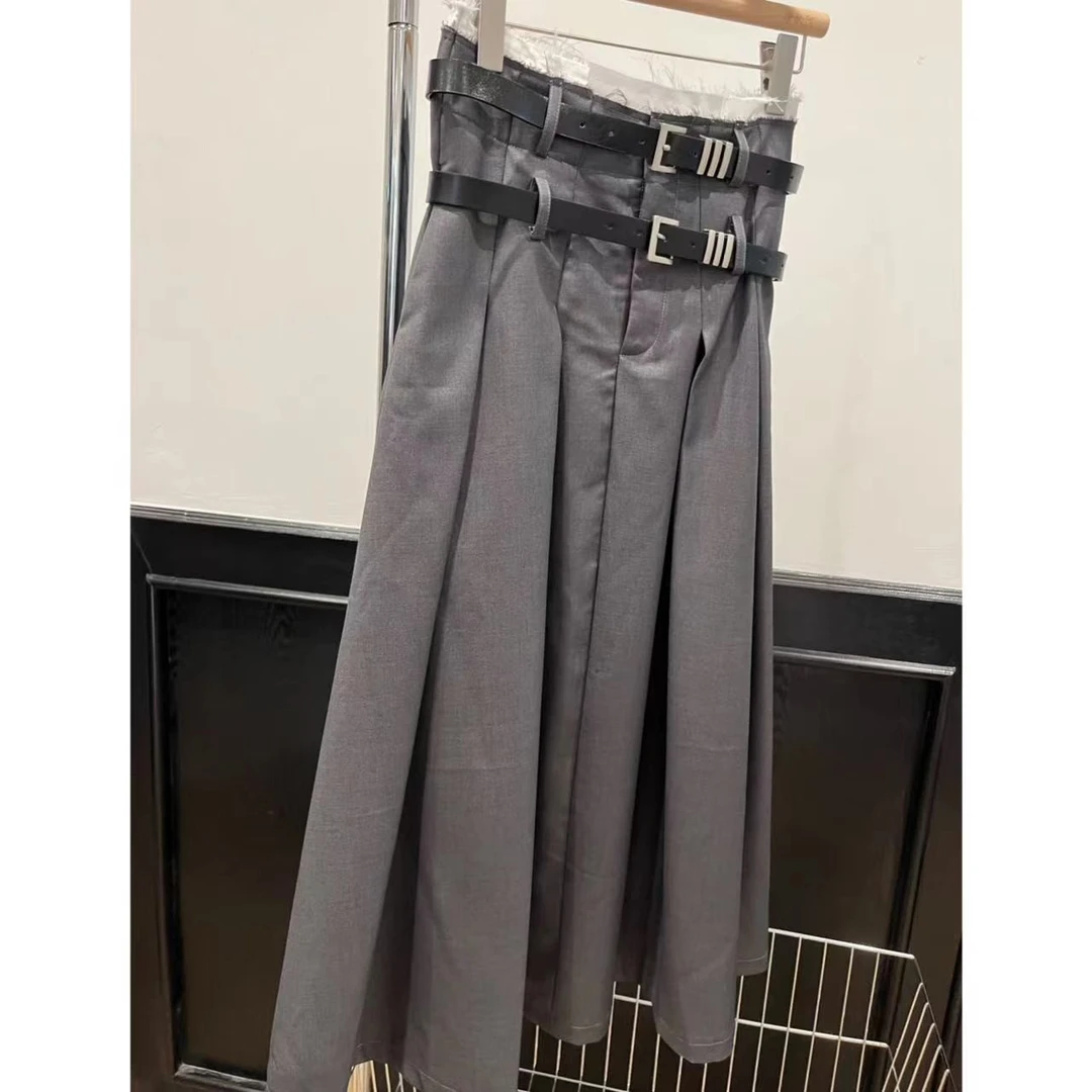 徐秋阳  双皮带西装裙  灰色西装半身裙新款高腰显瘦半裙3311