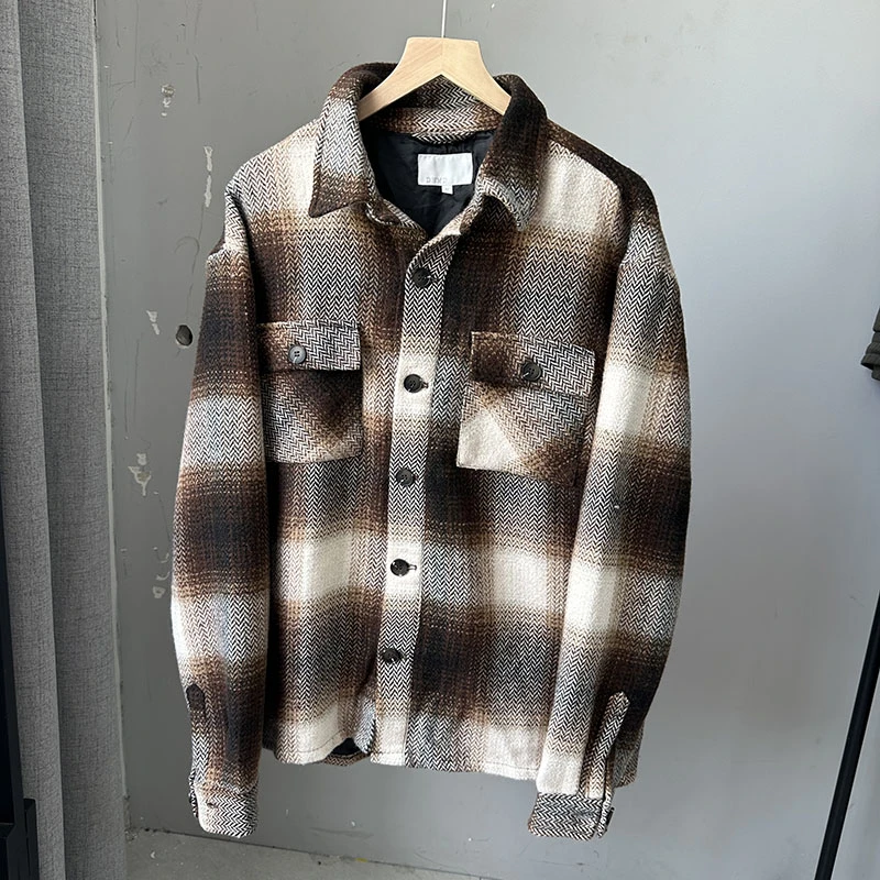 格子衬衫男士青年秋冬季加厚保暖工装多口袋棉衣外套
