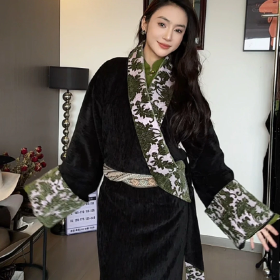 配色雪尼尔藏袍领口配色设计民族风藏装复古气质高雅