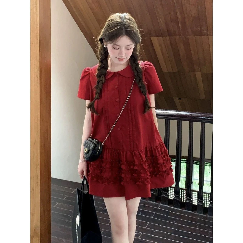 法式设计感娃娃领宽松蛋糕裙连衣裙女2025夏季新款小个子减龄裙子