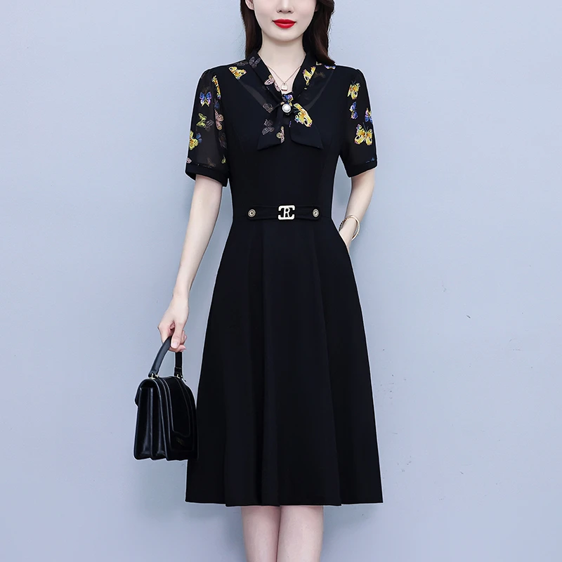 DA#8536 2025大码女装夏季新款韩版中年妈妈假两件超修身简约拼接